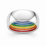 Stainless steel Pride ring showing its rainbow interior on a white background