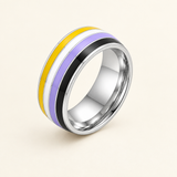 Non-binary ring with yellow, white, purple and black stripes on an ivory background