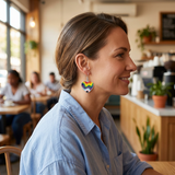 Person wearing wavy heart earrings